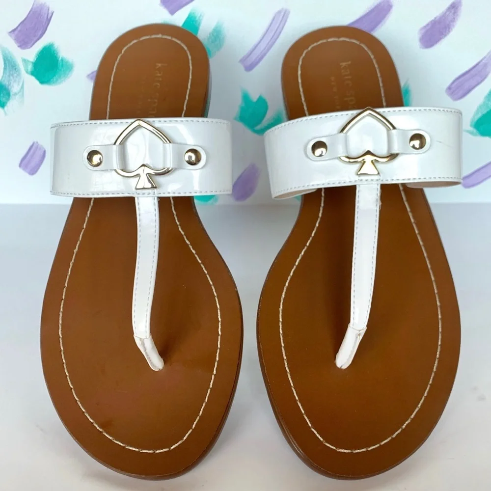 kate spade White and Brown Leather T-Strap Sandals